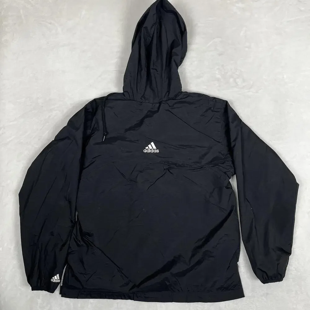 Vintage Adidas Jacket Mens Medium Black Hooded Windbreaker Full Zip 3 Stripes